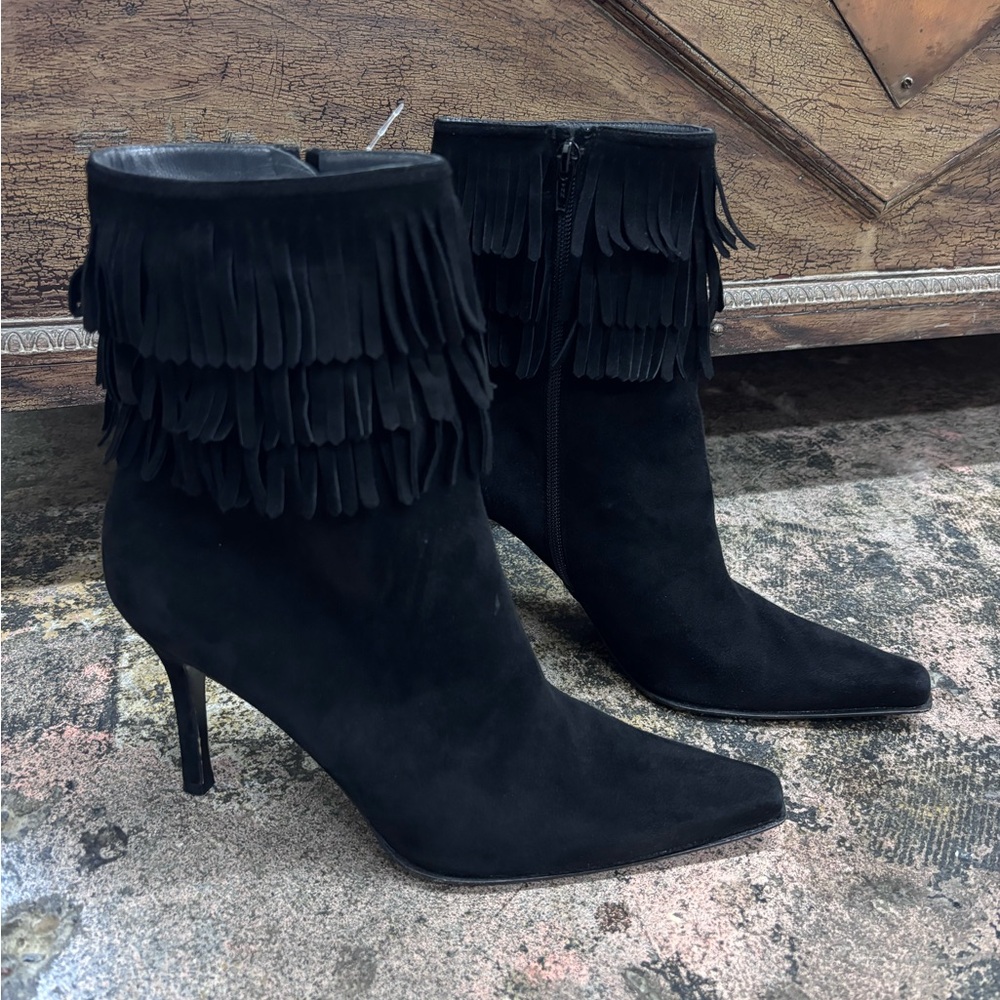 Stuart Weitzman Black Suede Fringe Heeled Boots